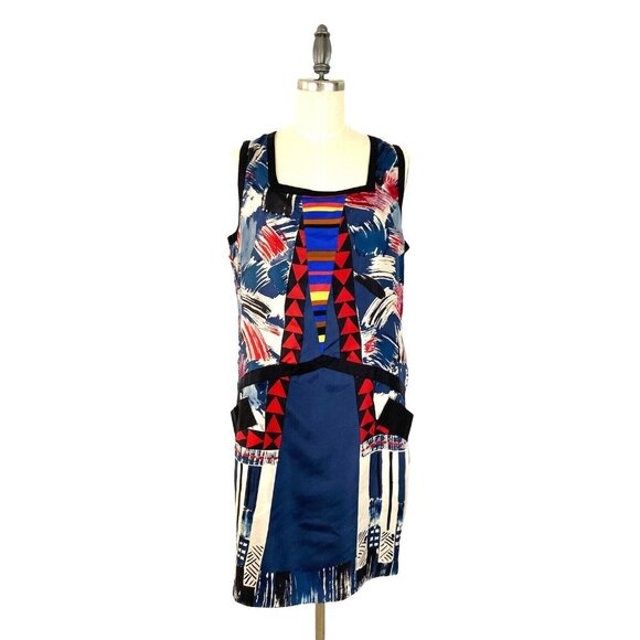 Twelve By Twelve 100% Silk Sleeveless Lined Dress M Red Blue Mod - Picture 3 of 12